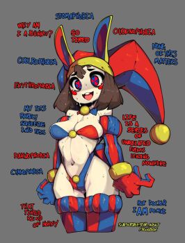 1girl absurdres animal_ears artist_name blue_gloves breasts brown_hair character_name commentary cowboy_shot cropped_legs english_commentary english_text fake_animal_ears gloves hat highres jester_cap medium_breasts medium_hair navel open_mouth pagliaccio pomni_(the_amazing_digital_circus) rabbit_ears red_eyes red_gloves simple_background slugbox solo subscribestar_username sweat tearing_up teeth the_amazing_digital_circus thighhighs tongue tongue_out upper_teeth_only watermark web_address