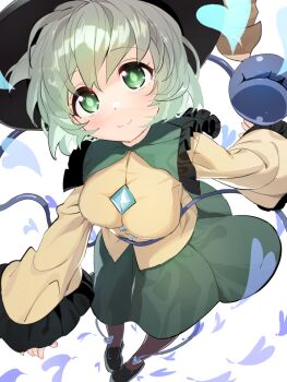 1girl black_hat black_shoes blush breasts closed_mouth commentary_request foreshortening full_body green_eyes green_hair green_skirt hat heart komeiji_koishi long_sleeves looking_at_viewer polpol shirt shoes skirt smile solo third_eye touhou white_background yellow_shirt