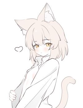 1girl animal_ear_fluff animal_ears blonde_hair blush breasts brown_hair closed_mouth collared_shirt commentary_request dress_shirt hair_between_eyes heart highres looking_at_viewer naked_shirt open_clothes open_shirt original riya_(01214) shirt simple_background small_breasts solo tail white_background white_shirt yellow_eyes