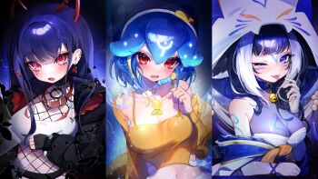 3girls absurdres akuma_nihmune akuma_nihmune_(demon_past) animal_collar animal_hood bao_the_whale bao_the_whale_(citrus_love) bell blue_hair blunt_bangs blush bodystocking breasts cat_hood cleavage cloud_(lufaeris) collar column_lineup commentary crop_top demon_horns double-parted_bangs dress facial_mark fake_horns fishnet_bodystocking fishnets hair_between_eyes heart heart_facial_mark highres hood hood_up horns indie_virtual_youtuber jingle_bell large_breasts long_hair looking_at_viewer mole mole_under_eye multicolored_hair multiple_girls official_alternate_costume one_eye_closed open_mouth orange_dress orca_girl purple_eyes purple_hair red_eyes see-through_cleavage see-through_clothes shylily smile streaked_hair symbol-only_commentary tank_top tongue tongue_out virtual_youtuber white_streaks white_tank_top