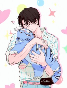 Rule 34 | 1boy, 1other, animal, animal hug, belt, black hair, blue shirt, closed eyes, cowboy shot, denim, derpy (kpop demon hunters), eyes visible through hair, hair over one eye, heart, holding, holding animal, jeans, jinu (kpop demon hunters), juneseo, kpop demon hunters, light smile, pants, parted bangs, pink belt, pink sleeves, plaid clothes, plaid shirt, shirt, short hair, simple background, sussie (kpop demon hunters), tiger
