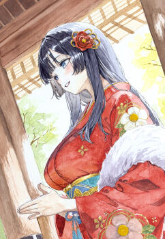 1girl absurdres black_hair blue_eyes blue_sash breasts commentary_request flower hair_flower hair_ornament hatsumoude highres japanese_clothes kimono large_breasts lensia long_hair long_sleeves new_year obi original painting_(medium) parted_lips red_kimono sash solo traditional_media upper_body watercolor_(medium) wide_sleeves