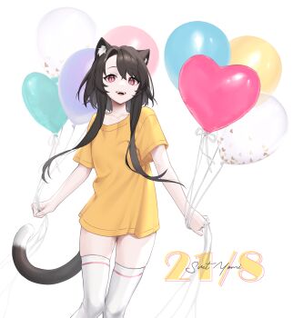 1girl :d absurdres animal_ear_fluff animal_ears artist_name artist_self-insert balloon cat_ears cat_tail commentary dated feet_out_of_frame highres holding holding_balloon long_hair looking_at_viewer open_mouth original red_eyes shirt short_sleeves signature simple_background smile solo standing svet_yomi tail thighhighs thighs very_long_hair white_background white_thighhighs yellow_shirt