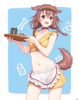 1girl :d absurdres animal_collar animal_ears apron artist_name blue_background blush bone_hair_ornament braid braided_twintails breasts brown_eyes brown_hair brown_tail buttons choker collar commentary_request crop_top cropped_shirt cup dated dog_ears dog_girl dog_tail doggy_god's_street double-parted_bangs ears_up extra_ears frilled_apron frills groin hair_between_eyes hair_ornament hairclip hat highres holding holding_tray hololive inugami_korone long_hair low_twin_braids low_twintails lowleg lowleg_skirt medium_breasts midriff miniskirt navel no_gloves official_alternate_costume open_mouth red_choker shirt signature skirt sleeveless sleeveless_shirt smile solo spiked_choker spikes stomach tail traveler_(artbbt) tray twin_braids twintails virtual_youtuber visor_cap waist_apron waitress white_apron yellow_hat yellow_shirt yellow_skirt yubi_yubi_(inugami_korone) yunomi
