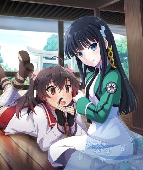 Rule 34 | 2girls, ahoge, asakura mihono, black gloves, black hair, black necktie, black pantyhose, blue eyes, blush, boots, breasts, brown boots, brown hair, closed mouth, crossover, day, dot nose, dress, emblem, fingerless gloves, first high school uniform, floral print, flower, game cg, gloves, green jacket, hair flower, hair ornament, hair ribbon, jacket, leg up, long hair, long sleeves, looking at viewer, lying, mahouka koukou no rettousei, medium breasts, medium hair, minoseki gakuin uniform, multiple girls, necktie, official art, on stomach, open clothes, open jacket, open mouth, pantyhose, pink flower, print skirt, red sailor collar, red skirt, ribbon, sailor collar, school uniform, see-through skirt layer, shiba miyuki, shirt, sitting, skirt, smile, snowflake hair ornament, straight hair, striped clothes, striped thighhighs, thighhighs, third-party source, toji no miko, toji no miko: kizamishi issen no tomoshibi, torii, tree, twintails, vertical-striped clothes, vertical-striped thighhighs, wariza, white dress, white shirt, white thighhighs, yellow ribbon