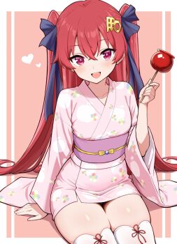 Rule 34 | 1girl, apple print, black ribbon, bow, candy apple, floral print, food, food print, fruit print, furisode sleeves, goririnmaru, hair between eyes, hair ornament, highres, japanese clothes, jouizumi masamune, kimono, light blush, looking at viewer, obi, official alternate costume, personification, pink eyes, pink kimono, pink sash, red bow, red hair, ribbon, sash, short kimono, sitting, smile, solo, tenka hyakken, thighhighs, thighs, twintails