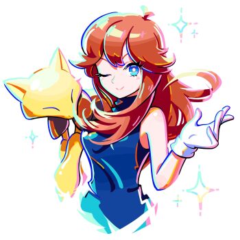 Rule 34 | 1girl, ;), abra, blue eyes, bright pupils, brown hair, closed mouth, commentary, dress, eyelashes, ffccll, gen 1 pokemon, gloves, green (pokemon), hand up, happy, highres, long hair, nintendo, one eye closed, pokemon, pokemon (creature), pokemon adventures, sleeveless, sleeveless dress, smile, sparkle, symbol-only commentary, white background, white gloves, white pupils