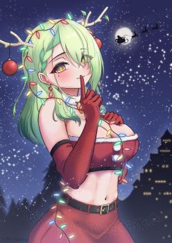 1girl antlers bare_shoulders bell belt black_belt blush breasts building ceres_fauna christmas christmas_lights christmas_ornaments cleavage closed_mouth commentary elbow_gloves eyelashes finger_to_mouth full_moon gloves green_hair highres hololive hololive_english horns index_finger_raised long_hair midriff mole mole_under_mouth moon navel neck_bell night outdoors red_gloves reindeer santa_claus santa_costume silhoette sky sleigh smile solo_focus star_(sky) starry_sky tree twitter_username virtual_youtuber yafatguy yellow_eyes