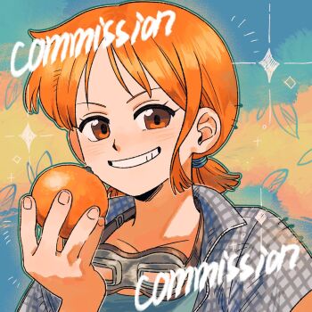 1girl blue_skirt brown_eyes checkered_clothes collarbone commentary commission english_commentary food fruit goggles goggles_around_neck grin highres holding holding_food holding_fruit light_blush looking_at_viewer low_twintails mandarin_orange nami_(one_piece) one_piece orange_hair parted_lips short_hair single_sidelock skirt smile solo sparkle toku0034 twintails upper_body