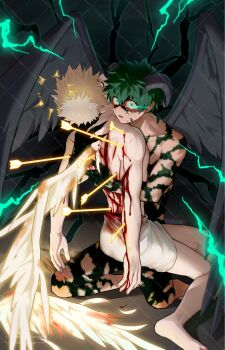 2boys bakugou_katsuki barefoot black_wings blonde_hair blood boku_no_hero_academia bow_(weapon) feet green_hair highres horns male_focus midoriya_izuku multiple_boys nude seoltang_(nitro_sugar) sheep_horns short_hair toes topless_male towel towel_around_waist weapon wings yaoi