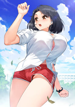 1girl arm_at_side arm_up black_hair blue_sky blush bra bracelet breasts brown_eyes button_gap cameltoe cleavage cloud commentary day dress_shirt earphones female_pubic_hair from_below gao_(gaolukchup) gym_uniform hair_ornament hairclip jewelry jogging large_breasts no_panties open_mouth original outdoors pink_bra pubic_hair pubic_hair_peek red_shorts shirt short_hair short_shorts short_sleeves shorts signature sky solo sweat teeth thighs underwear upper_teeth_only watermark white_shirt