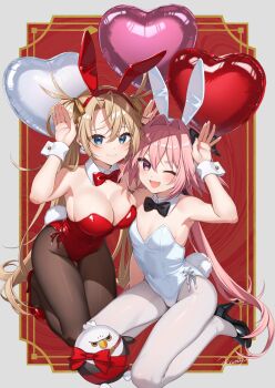 1boy 1girl animal_ear_hairband animal_ears astolfo_(fate) astolfo_(saber)_(fate) balloon bare_shoulders blonde_hair blue_eyes blush bow bowtie bradamante_(fate) braid breasts brown_pantyhose character_request cleavage commentary_request covered_navel crown_braid detached_collar fake_animal_ears fake_tail fate/grand_order fate_(series) hair_bow hair_intakes hair_ornament hair_ribbon hairband high_heels highleg highleg_leotard highres hippogriff_(fate) kan'yu_(citron_82) kneeling large_breasts leotard long_hair looking_at_viewer low_twintails male_playboy_bunny multicolored_hair one_eye_closed open_mouth pantyhose pink_eyes pink_hair playboy_bunny purple_eyes rabbit_ears rabbit_tail red_leotard ribbon smile streaked_hair stuffed_toy tail thighs trap twintails very_long_hair white_hair white_leotard white_pantyhose wrist_cuffs