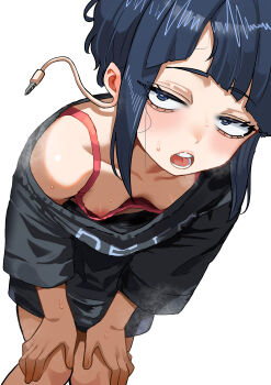 1girl absurdres audio_jack black_eyes black_hair black_sweater blunt_bangs boku_no_hero_academia bra breasts commentary downblouse english_commentary extended_downblouse hands_on_own_knees highres jiro_kyoka leaning_forward long_earlobes looking_at_viewer nipples off_shoulder open_mouth short_hair small_breasts solo sweater underwear white_background zd_(pixiv6210083)