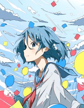 1girl absurdres auhuheben17 balloon blue_eyes blue_hair cloud from_side highres light_blush original school_uniform serafuku short_hair solo upper_body