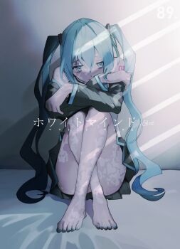 1girl aqua_eyes aqua_hair aqua_nails barefoot commentary_request detached_sleeves full_body hair_between_eyes hatsune_miku heart heart-shaped_pupils highres hugging_own_legs light_rays long_hair miniskirt nail_polish number_tattoo pleated_skirt revision shoulder_tattoo skirt solo soyaka symbol-shaped_pupils tattoo toenail_polish toenails twintails very_long_hair vocaloid white_mind_(vocaloid)