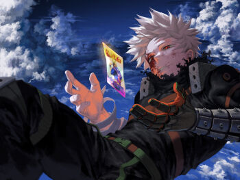 1boy absurdres all_might bakugou_katsuki battle_damage bh20647 blonde_hair blue_sky bodysuit boku_no_hero_academia card green_bodysuit highres male_focus sky solo spiked_hair superhero_costume