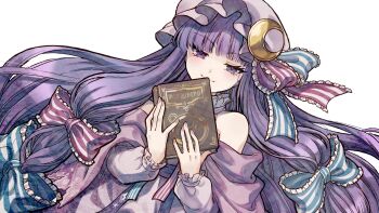 1girl blue_bow book bow closed_mouth crescent crescent_hat_ornament dress embellished_costume game_cg hair_bow hat hat_ornament highres holding holding_book long_hair long_sleeves looking_at_viewer marisa_of_liartop_mountain mob_cap multiple_hair_bows non-web_source official_art patchouli_knowledge pink_bow pink_dress pink_hat purple_eyes purple_hair second-party_source smile socha solo touhou transparent_background very_long_hair