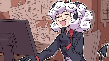 1girl black_suit calendar_(object) chair chart closed_eyes cubicle demon_girl demon_horns demon_tail formal_clothes gloves happy headset helltaker horns kyo-hei_(kyouhei) office_chair on_chair pandemonica_(helltaker) paper smile solo suit swivel_chair tail