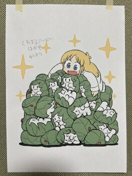 1girl :d arawi_keiichi blonde_hair blue_eyes full_body highres lab_coat long_hair long_sleeves nichijou open_mouth parted_bangs professor_shinonome simple_background smile socks sparkle traditional_media translation_request white_background white_socks