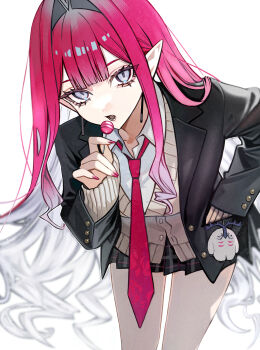 Rule 34 | 1girl, baobhan sith (fate), black jacket, black skirt, breasts, brown sweater, candy, collared shirt, commentary request, diandao qin, earrings, fate/grand order, fate (series), food, grey eyes, highres, jacket, jewelry, leaning forward, lollipop, long hair, long sleeves, looking at viewer, medium breasts, necktie, open mouth, pink hair, pointy ears, shirt, sidelocks, skirt, solo, sweater, thighs, white shirt