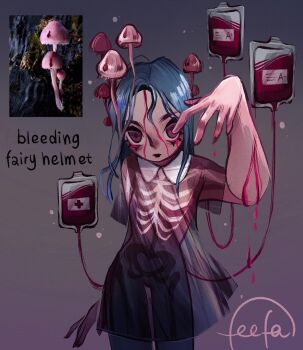 Rule 34 | 1girl, black lips, bleeding, blood, blood bag, blood from forehead, blood on face, blue hair, commentary, dress, english commentary, english text, eyelashes, feefal, funguary, highres, long hair, mushroom, mushroom girl, object and personification, original, personification, photo inset, procreate (medium), reference inset, sanpaku, see-through clothes, see-through dress, signature, simple background, skeleton, solo, upper body