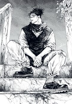 1boy absurdres choso_(jujutsu_kaisen) closed_mouth facial_mark from_below full_body greyscale highres jozpic jujutsu_kaisen male_focus monochrome own_hands_together robe short_hair short_twintails sitting sitting_on_stairs solo stairs twintails