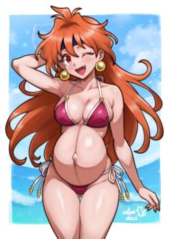1girl ;d absurdres arm_behind_head arm_up artist_name bare_arms bare_shoulders bikini black_headband blue_sky blush breasts cleavage commentary cowboy_shot earrings english_commentary facing_viewer fang full_cleavage gluteal_fold hair_between_eyes halterneck headband highres jewelry lina_inverse long_hair looking_to_the_side medium_breasts navel ocean one_eye_closed open_mouth orange_hair pink_bikini pregnant red_eyes rotomdocs side-tie_bikini_bottom sideboob sideways_glance signature skin_fang sky slayers smile solo sphere_earrings standing stomach swimsuit