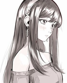 1girl artist_name bare_shoulders closed_mouth commentary earrings eyelashes from_side hairband highres jewelry kuroiitulip long_hair looking_ahead monochrome off-shoulder_sweater off_shoulder sidelocks simple_background solo spy_x_family sweater white_background yor_briar