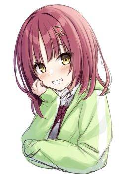 1girl :d blunt_bangs blush bow bowtie commentary_request cropped_torso futamihara_ririko green_jacket grin gyaoo_yuzu_soft hair_between_eyes hair_ornament hairclip hand_on_own_cheek hand_on_own_face hand_up happy jacket limelight_lemonade_jam looking_at_viewer medium_hair open_mouth parallel_hairclips red_bow red_bowtie red_hair school_uniform simple_background sketch sleeves_past_wrists smile solo straight_hair track_jacket upper_body white_background yellow_eyes