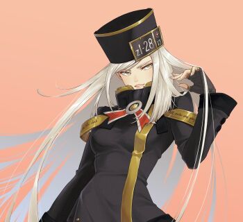 Rule 34 | 1girl, adjusting hair, alternate color, black coat, black dress, black gloves, black hat, black skirt, breasts, coat, commentary, dress, english commentary, fingerless gloves, gloves, guilty gear, guilty gear xrd, hat, highres, irene koh, license plate, long hair, medium breasts, millia rage, simple background, skirt, smile, solo, very long hair, white eyes, white hair