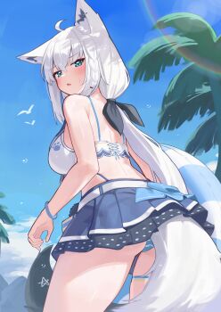 1girl absurdres alternate_costume animal_ears aqua_eyes ass bikini bird blue_skirt breasts commentary_request day deaver fox_ears fox_girl fox_tail from_behind gradient_tail highres hololive hololive_summer_2023_swimsuit large_breasts looking_at_viewer looking_back low_ponytail open_mouth outdoors palm_leaf palm_tree pentagram pleated_skirt ponytail seagull shirakami_fubuki skirt solo swimsuit tail thighs tree virtual_youtuber white_bikini white_hair white_tail