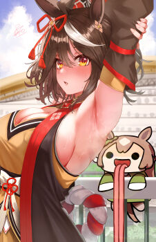 Rule 34 | 2girls, absurdres, against railing, ahoge, animal ears, armpits, arms up, bao (pixiv 99415611), bare shoulders, black hair, black sleeves, blue sky, blush, breasts, chanchanko (clothes), cleavage, cleavage cutout, clothing cutout, cloud, cloudy sky, commentary, covered erect nipples, day, detached sleeves, fingernails, freaky satono diamond (meme), from side, gold trim, hair between eyes, highres, horse ears, horse girl, horse racing track, kitasan black (crowning ooban) (umamusume), kitasan black (umamusume), kouhaku nawa, large breasts, looking at viewer, medium hair, meme, multicolored hair, multiple girls, open mouth, orange shirt, outdoors, railing, red eyes, red ribbon, ribbon, rope, satono diamond (natural brilliance) (umamusume), satono diamond (umamusume), shimenawa, shirt, sideboob, skindentation, sky, sleeveless, sleeveless shirt, streaked hair, stretching, sweat, two side up, umamusume, upper body, white streaks