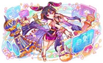 1girl 2others alternate_costume animal_ears anklet arabian_clothes artist_request bare_shoulders black_hair black_shirt blush bracelet cel_shading choppy_bangs closed_mouth crash_fever creature fake_animal_ears flats freud_(crash_fever) full_body game_cg gold_anklet gold_bracelet gold_headdress graph harem_outfit hat head_tilt headdress hexagram horns jewelry light_particles long_sidelocks looking_at_viewer mechanical_horns microphone middle_eastern_architecture miniskirt multicolored_hair multiple_others navel no_socks number_print numbered official_alternate_costume official_art outline pencil_skirt pink_eyes plumeria purple_hair purple_hat purple_skirt rabbit_ears red_outline scarf screen see-through_clothes shirt short_hair side_slit sidelocks skirt sleeveless sleeveless_shirt smile solo_focus sparkle square square_print streaked_hair tachi-e third-party_source transparent_background white_scarf yellow_petals