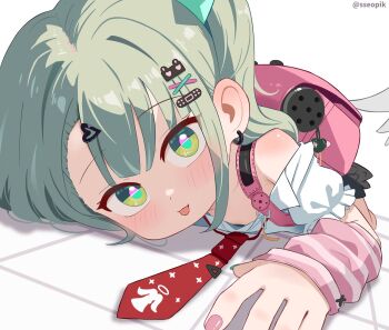 Rule 34 | 1girl, :p, arm warmers, bandaid, bandaid hair ornament, bare shoulders, blush, clothes pull, earrings, green eyes, green hair, hair ornament, highres, jewelry, looking at viewer, lying, multiple hair clips, musical note earrings, necktie, on stomach, pink arm warmers, pink bag, red necktie, shirt pull, sseopik, striped arm warmers, sunna (zenless zone zero), tongue, tongue out, winged bag, zenless zone zero