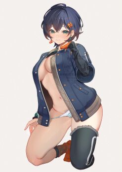 1girl absurdres adversarial_noise artist_name belle_(zenless_zone_zero) blue_hair blush breasts closed_mouth commentary_request crossed_bangs curvy earrings female_pubic_hair full_body green_eyes grey_background hair_between_eyes hair_ornament hairclip has_bad_revision has_downscaled_revision highres jacket jewelry large_breasts looking_at_viewer md5_mismatch navel no_bra open_clothes open_jacket pubic_hair resolution_mismatch short_hair sidelocks simple_background smile solo source_smaller sukoyaka93 thighs watermark zenless_zone_zero