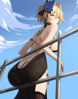 1girl absurdres against_railing ass backless_dress backless_outfit bare_arms bare_shoulders black_dress black_thighhighs blonde_hair blue_eyes blue_flower blue_sky blurry breasts butt_crack commentary_request day depth_of_field dress earrings evening_gown flower from_behind from_below girls'_frontline girls'_frontline_2:_exilium grief_13 hair_between_eyes hair_flower hair_intakes hair_ornament highres jewelry large_breasts looking_at_viewer looking_down mole mole_under_eye nikketa_(girls'_frontline_2) official_alternate_costume outdoors railing short_hair sky solo thighhighs vsk-94_(girls'_frontline) vsk-94_(night_on_the_silver_bay)_(girls'_frontline)