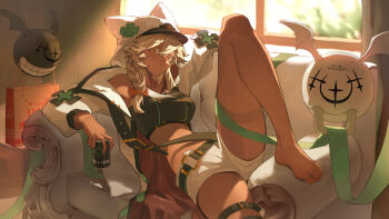 1girl absurdres bag barefoot blonde_hair bow breasts can chinese_commentary cloak closed_mouth clover_hair_ornament commentary couch dark-skinned_female dark_skin english_text four-leaf_clover_hair_ornament guilty_gear guilty_gear_strive hair_between_eyes hair_bow hair_ornament hat hat_ornament highres holding holding_can long_sleeves looking_at_viewer lucifero_(guilty_gear) lying medium_breasts micro_shorts midriff on_back on_couch orange_bow orange_eyes pillow ramlethal_valentine shorts thigh_strap white_cloak white_hat white_shorts window yzbr