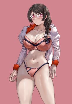 Rule 34 | 1girl, absurdres, bakemonogatari, black hair, bra, breasts, cat hair ornament, cleavage, collarbone, collared shirt, firstdayiyui, glasses, hair ornament, hair over shoulder, hanekawa tsubasa, highres, huge breasts, long braid, long hair, long sleeves, looking at viewer, monogatari (series), naoetsu high school uniform, navel, open clothes, open shirt, orange bra, orange panties, panties, parted lips, pink background, pink shirt, purple eyes, school uniform, shirt, simple background, solo, standing, string panties, thighs, underwear