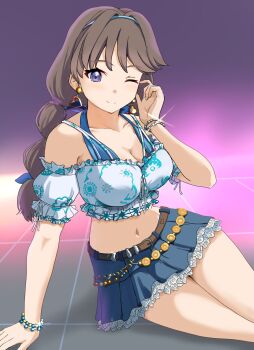 Rule 34 | 1girl, absurdres, bikini, bikini top only, blue bikini, blue hairband, blue skirt, breasts, brown hair, cleavage, commentary request, cowboy shot, detached sleeves, frilled skirt, frills, fujishima megumi, hairband, highres, large breasts, link! like! love live!, long hair, looking at viewer, love live!, low twintails, miniskirt, multi-tied hair, natsumeki pain, navel, nonaka kokoro, puffy short sleeves, puffy sleeves, purple background, purple eyes, short sleeves, skirt, solo, stomach, swimsuit, twintails