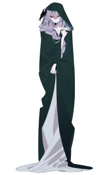 1boy :| acell1224 alternate_costume alternate_hairstyle androgynous arknights black_cloak black_wings braid cloak closed_mouth clothes_tug collarbone crossed_bangs earrings expressionless eyelashes full_body grey_hair hair_between_eyes hair_over_shoulder head_wings highres hood hooded_cloak jewelry logos_(arknights) long_hair looking_at_viewer male_focus mole mole_under_eye pointy_ears red_eyes robe simple_background single_braid solo standing white_background white_robe wings