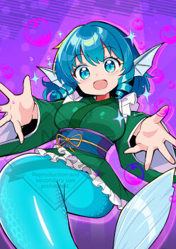 Rule 34 | 1girl, :d, absurdres, blue eyes, blue hair, blue sash, breasts, commentary, drill hair, fins, frilled kimono, frills, green kimono, harakune (mugennero), head fins, highres, japanese clothes, kimono, long sleeves, looking at viewer, medium breasts, mermaid, monster girl, obi, open mouth, outstretched arms, pink background, purple background, sash, short hair, smile, solo, sparkle, touhou, twin drills, wakasagihime, watermark