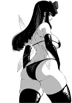 1girl absurdres ass back bikini blunt_bangs bow breasts butt_crack commentary_request cookie_(touhou) cowboy_shot earrings elbow_gloves fairy_wings from_behind gloves greyscale hair_bow highres hime_cut jewelry large_breasts long_hair looking_at_viewer monochrome shunga_youkyu solo star_(symbol) star_earrings star_sapphire swimsuit thighhighs touhou veerecursion wings