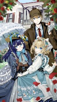 1boy 2girls blonde_hair blue_dress blue_eyes brother_and_sister brown_coat brown_gloves brown_hat coat commentary_request detective dress fusuma_(nohbrk) gepard_landau glasses gloves guest_art hat highres holding holding_smoking_pipe holding_umbrella honkai:_star_rail honkai_(series) kobe long_hair lynx_landau multiple_girls necktie pela_(honkai:_star_rail) purple_eyes purple_hair red_necktie short_hair siblings smoking_pipe umbrella victorian