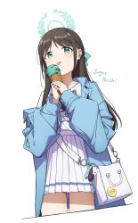 Rule 34 | 1-4daithi, 1girl, absurdres, airi (band) (blue archive), airi (blue archive), black hair, blue archive, blue jacket, blush, cowboy shot, cropped legs, fingernails, food, green eyes, green halo, halo, highres, holding, holding food, ice cream, jacket, long hair, long sleeves, official alternate costume, open clothes, open jacket, pleated skirt, shirt, simple background, skirt, solo, tongue, tongue out, white background, white shirt, white skirt