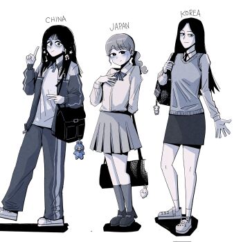 3girls asian bag blush cellphone china commentary_request hansoom_(latebirdwakeup) highres japan korea korean_commentary long_hair looking_at_viewer monochrome multiple_girls original phone school_bag school_uniform skirt smile