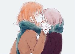 Rule 34 | 2girls, aqua scarf, blush, closed eyes, facing another, fate/grand order, fate (series), from side, fujimaru ritsuka (female), fuwafuwa no inu, holding another&#039;s wrist, mash kyrielight, multiple girls, open mouth, orange hair, orange sweater, pink hair, purple sweater, scarf, shared clothes, shared scarf, short hair, simple background, sweater, upper body