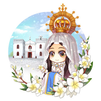 Rule 34 | 1girl, absurdres, arched crown, bell, blue sky, border, branch, brown eyes, brown hair, building, chibi, chibi only, chinese commentary, chinese text, christianity, church, closed mouth, cloud, commentary request, cross, crown, day, dress, falling petals, flower, gold crown, hand on own chest, heart, highres, holding, holding flower, jewelry, knees up, latin cross, lens flare, light particles, lily (flower), long dress, long hair, long sidelocks, long sleeves, looking ahead, necklace, outdoors, parted bangs, pearl necklace, petals, queen, round border, sidelocks, sitting, sky, smile, solo, star (symbol), taiwan, the bible, traditional chinese text, veil, virgin mary, white border, white dress, white flower, white petals, white veil, window, xunling