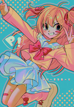 1girl absurdres ahoge arm_up bandaid bandaid_on_leg blonde_hair blush blush_stickers bow bowtie commentary_request hair_ornament hairclip hashtag highres index_finger_raised indie_virtual_youtuber long_hair long_sleeves looking_at_viewer menma_(enaic31) open_mouth orange_eyes parallel_hairclips pink_socks pmaru-sama pmaru-sama_(3rd_costume) red_bow red_bowtie short_twintails single_blush_sticker skirt smile socks solo speech_bubble twintails v virtual_youtuber white_skirt