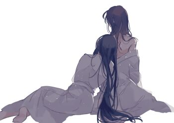 2boys alternate_costume alternate_hairstyle amana_raika arm_support bare_shoulders barefoot bathrobe black_hair brown_hair chinese_clothes couple facing_away from_behind hair_down hanfu head_on_another&#039;s_shoulder lan_wangji leaning_on_person light_particles long_hair long_sleeves male_focus modao_zushi multiple_boys off_shoulder open_clothes open_robe robe simple_background sitting very_long_hair wei_wuxian white_background white_robe yaoi yokozuwari