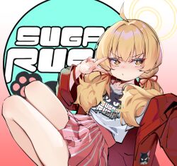 Rule 34 | 1girl, :t, ahoge, band shirt, blonde hair, blue archive, blush, breasts, closed mouth, commentary request, dot nose, furrowed brow, gradient background, hair intakes, hair over shoulder, hair ribbon, halo, hands up, highres, jacket, knees up, logo, long hair, long sleeves, looking at viewer, low twintails, merchandise, miniskirt, nose blush, official alternate costume, official alternate hairstyle, open clothes, open jacket, painterliuhao, pink background, pink skirt, pleated skirt, pout, reaching, reaching towards viewer, red jacket, red ribbon, red wristband, ribbon, shirt, shirt tucked in, skirt, small breasts, solo, striped clothes, striped skirt, thick eyelashes, thighs, three quarter view, twintails, v, v-shaped eyebrows, v over eye, vertical-striped clothes, vertical-striped skirt, white background, white shirt, wide sleeves, wristband, yellow eyes, yellow halo, yoshimi (band) (blue archive), yoshimi (blue archive)